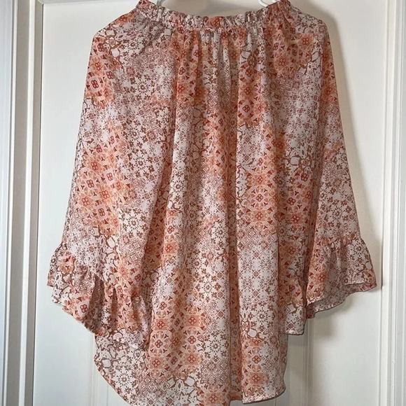 Forever 21 Orange Rust Brown Artsy 3/4 Sleeve Ruffle Drawstring Blouse - Size M - Picture 2 of 6